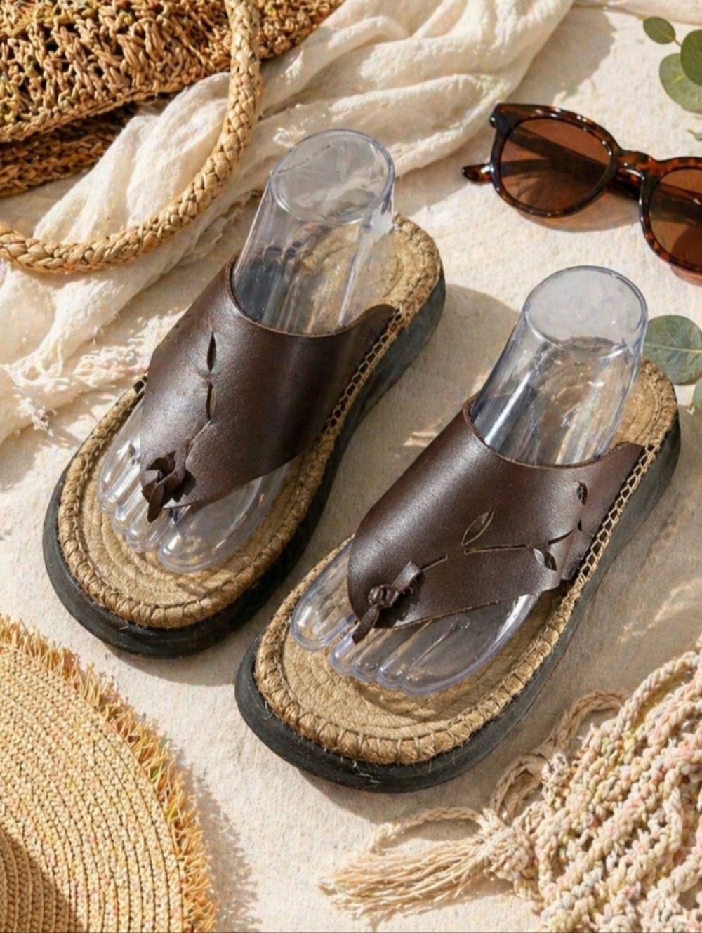 Vtg Y2K Platform Sandals Women 8.5 Brown Leather Espadrille Boho Chunky Summer